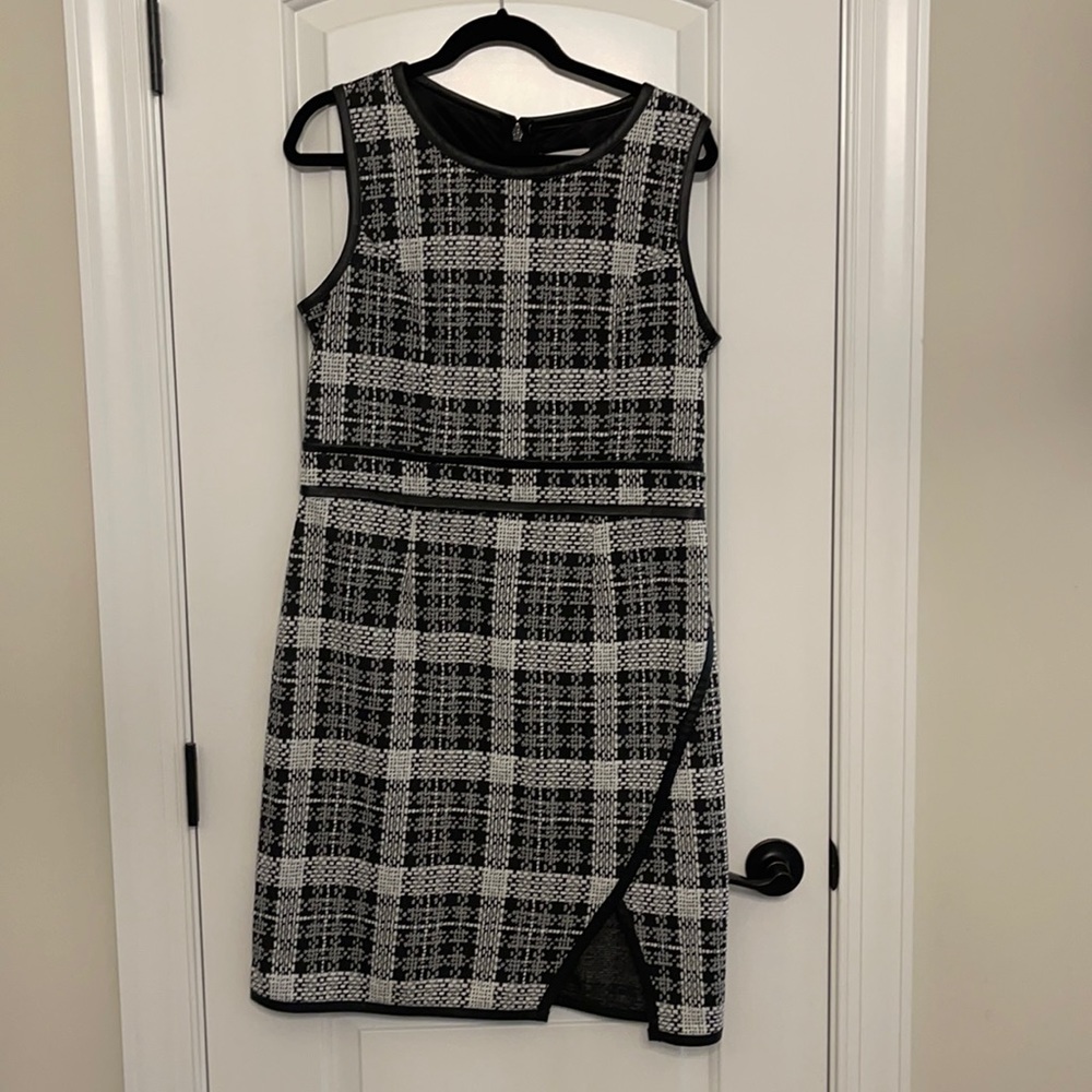 Tweed dress with faux leather trim
